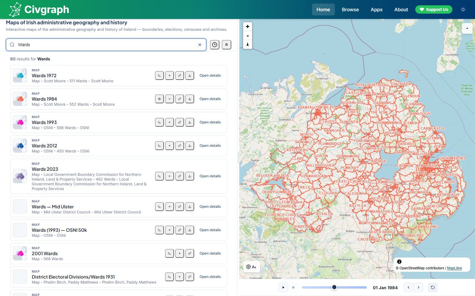 Civgraph showing the 1984 Northern Ireland ward boundaries: 552 named wards outlined in red across the province, with a date slider reading 1984, and a search panel listing related layers for 1972, 1993, 2012 and 2023.