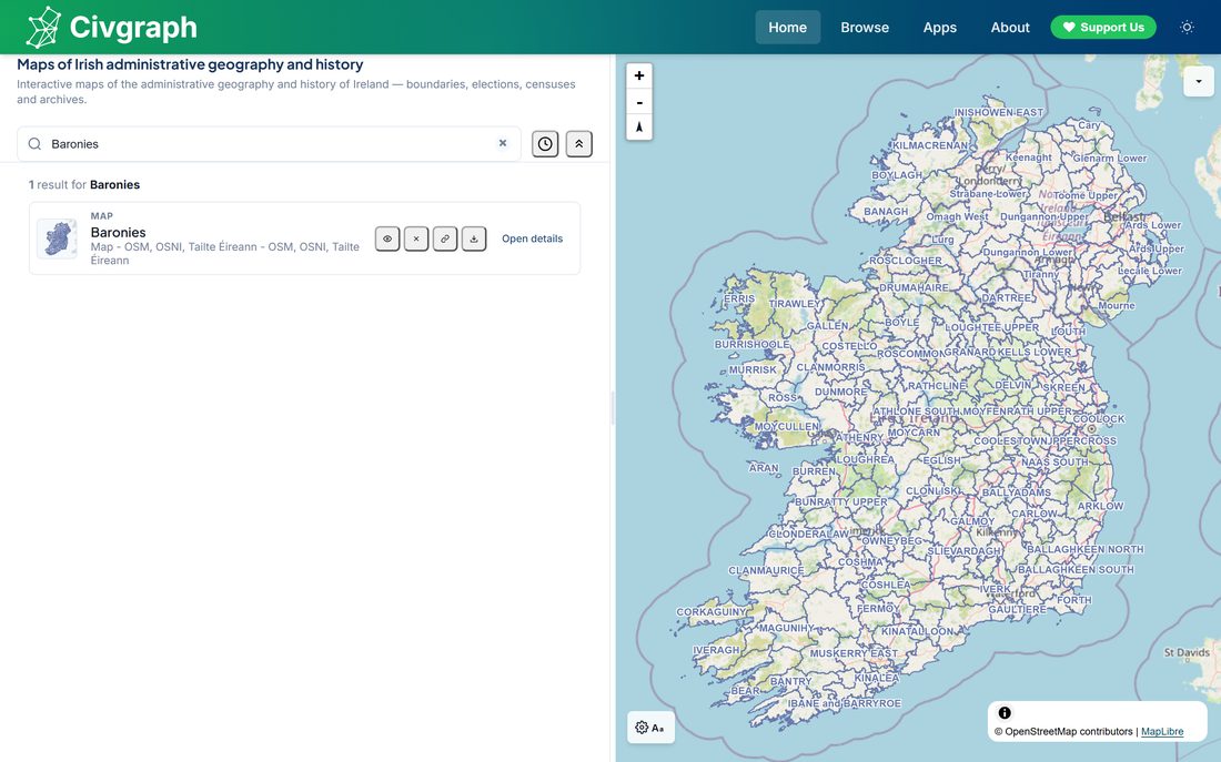 The baronies of Ireland drawn across the whole island, from Inishowen in the
                    north to Bantry in the south-west, each barony outlined and named.